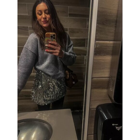 ANTHROPOLOGIE Mare Mare Long-Sleeve Knit Sequin Twofer Mini Dress in Grey NWT - Picture 3 of 16